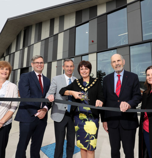 (left to right) Mary Montgomery, John Wilson, Nick Coburn, Ulster Carpets Group Managing Director and Deputy Chairman, Lord Mayor of Armagh City, Banbridge and Craigavon Borough Council, Councillor Julie Flaherty, Edward Wilson, Ulster Carpets Group Chairman, and Caroline Somerville pictured at the officially opening of Ulster Carpets’ state of the art Dyehouse and Energy Centre.