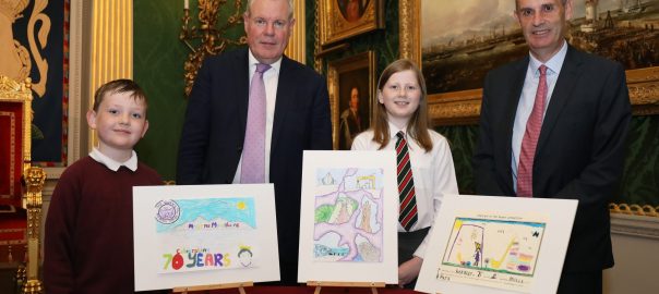 Minister of State Conor Burns & Managing Director of Ulster Carpets with competition winner Emily McMullan & finalist Thomas Porter. Also finalist Fiadh Rose Kelly's design