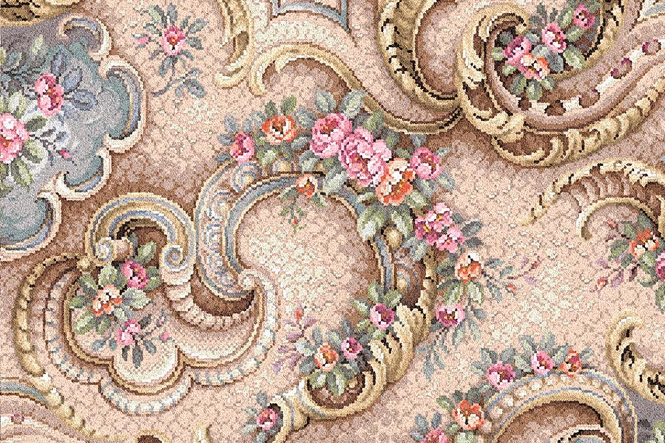 A swatch of Glenmoy Madame Pompadour from Ulster Carpets