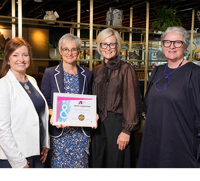 A picture of Dalreen Buchanan , Business Support Manager at Ulster Carpets is presented with an Arts Champion Award by (from left) Denise Watson, Brona Whittaker, Chief Executive Officer, and Maeve McKervey, Head of Business, at Arts & Business NI