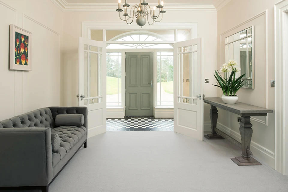 An example of Grange Wilton Celadon in a modern hallway home setting