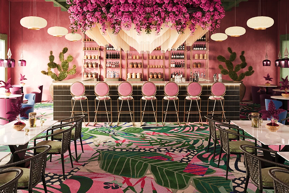 An example of a Frida Kahlo inspired design in a hotel bar setting from the Designers' Edit Collection by Ulster Carpets.