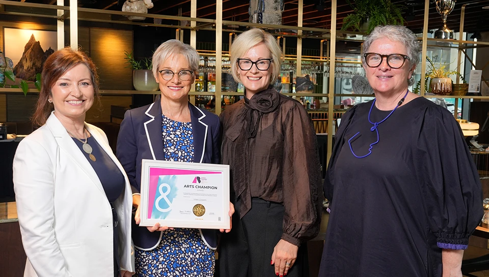 A picture of Dalreen Buchanan , Business Support Manager at Ulster Carpets is presented with an Arts Champion Award by (from left) Denise Watson, Brona Whittaker, Chief Executive Officer, and Maeve McKervey, Head of Business, at Arts & Business NI