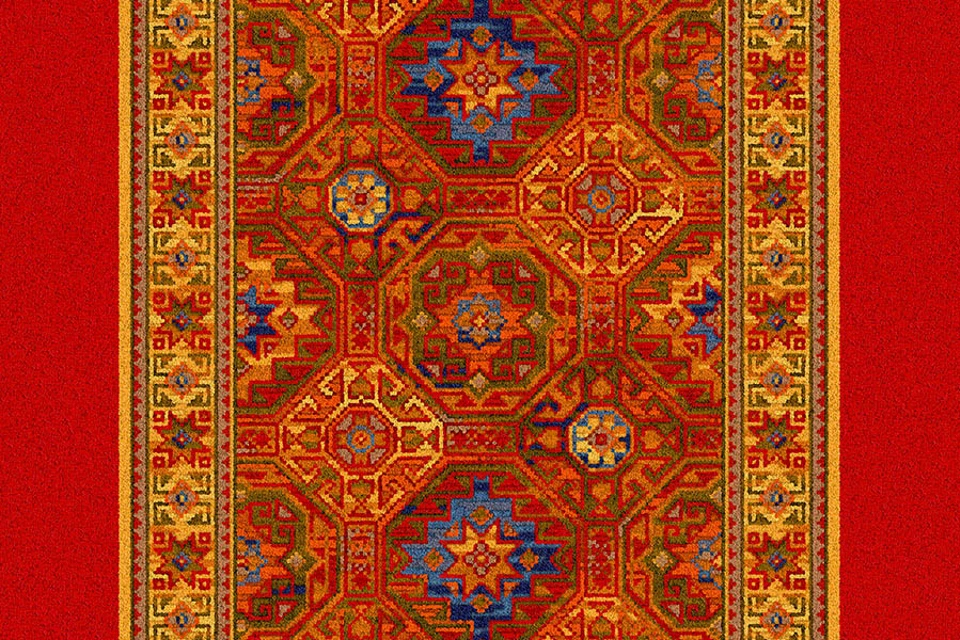 A swatch of the Glenavy Red Persian Runner from Ulster Carpets