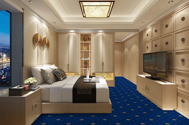 An example of Athenia Motif Royal Blue from Ulster Carpets in a modern bedroom setting