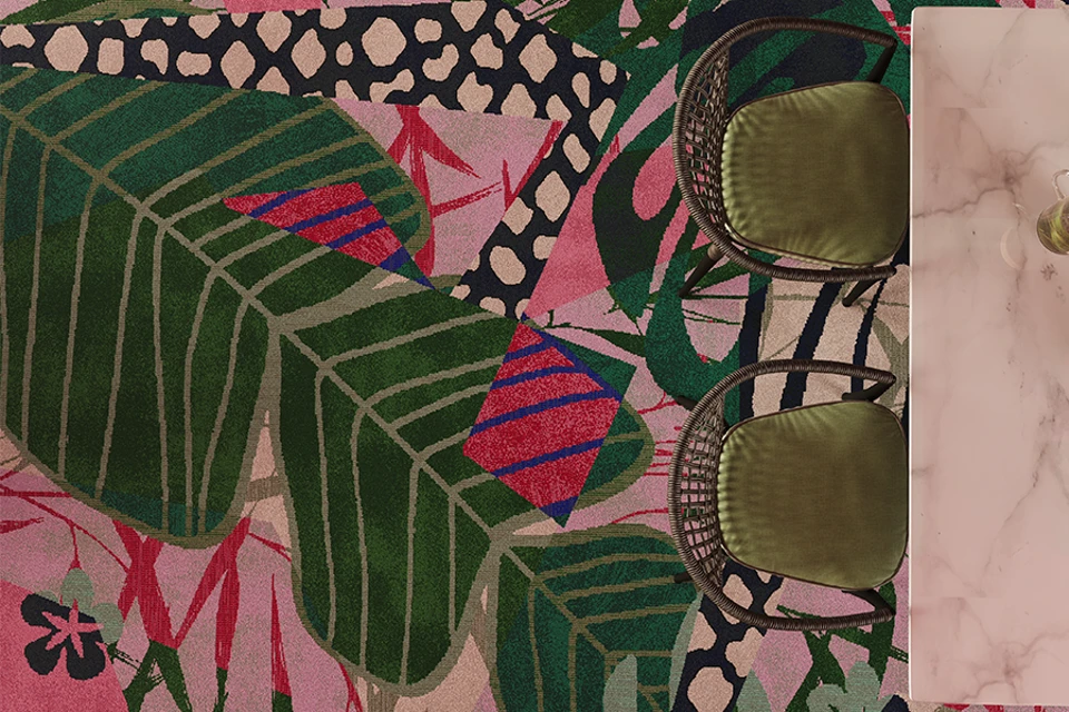 An example of a design from the Frida Kahlo Designers' Edit Collection from Ulster Carpets in a hotel bar setting.