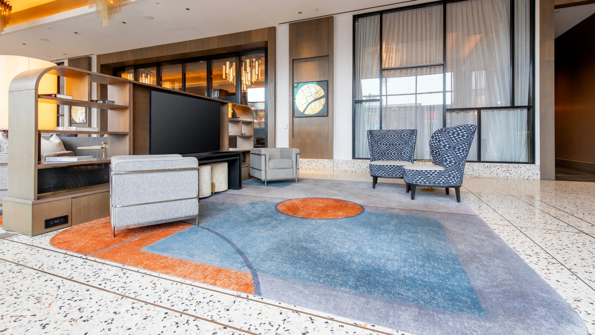 A custom rug by Ulster Carpets for The Godfrey, Detroit.
