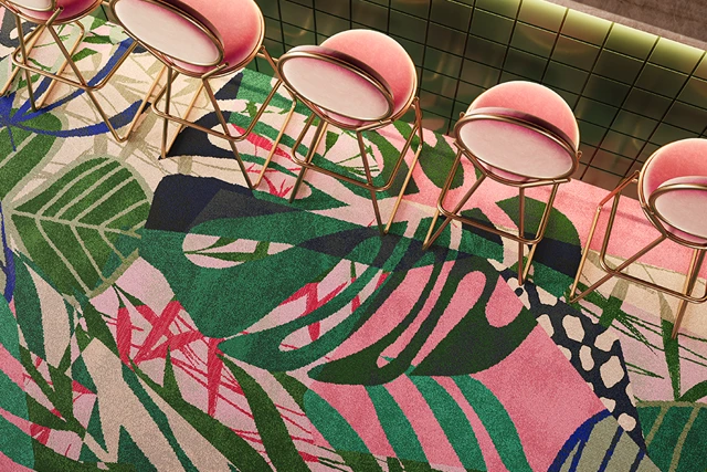 An example of a Frida Kahlo inspired design in a hotel bar setting from the Designers' Edit Collection by Ulster Carpets.