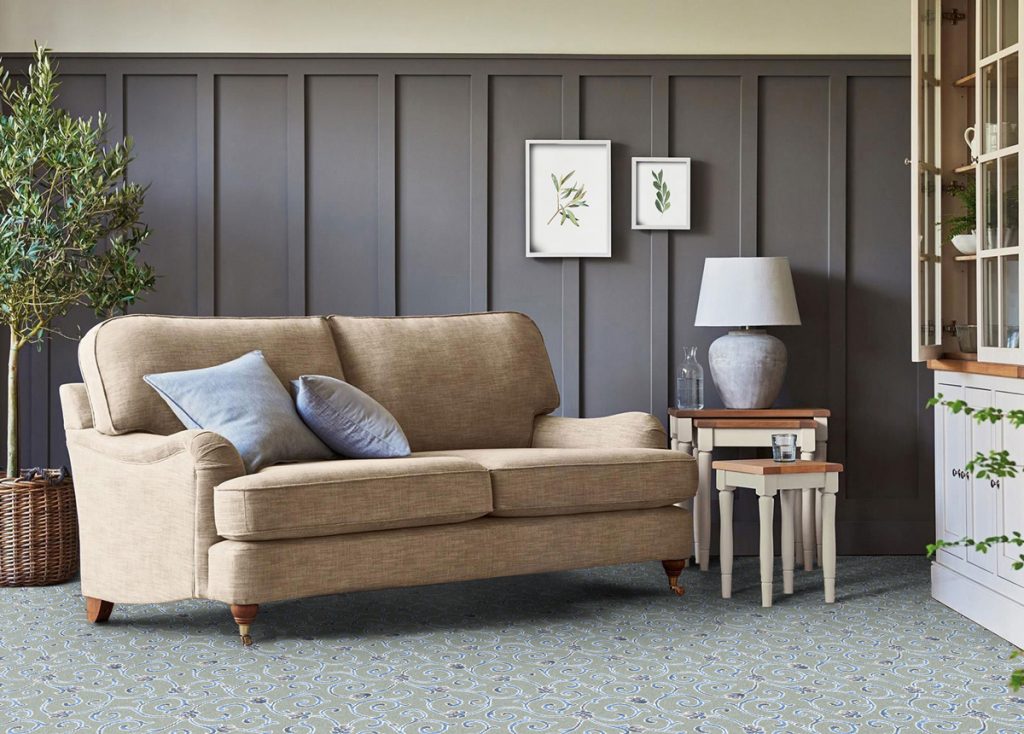 Blue and grey modern classic carpet in sitting room