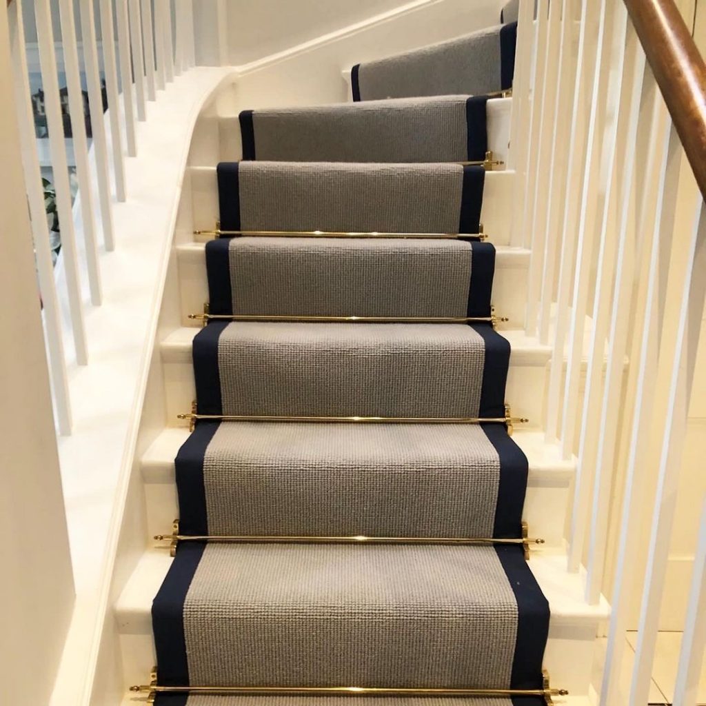 grey stair runner with navy binding